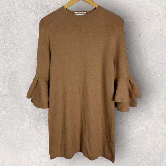 Anthropologie Ruffle Bell Sleeve Knit Dress Tan Womens Size Small Camel Bohemian - Picture 2 of 13